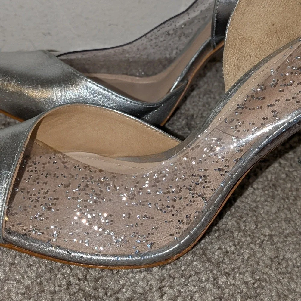 Schutz‎ Cendi Ann Silver Metallic Glitter Clear Vinyl D 'Orsay Heels 8.5B FLAW
